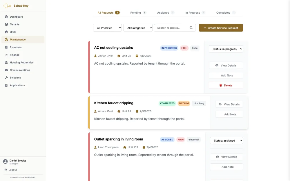 The maintenance page: service requests with priorities and statuses from pending through completed.